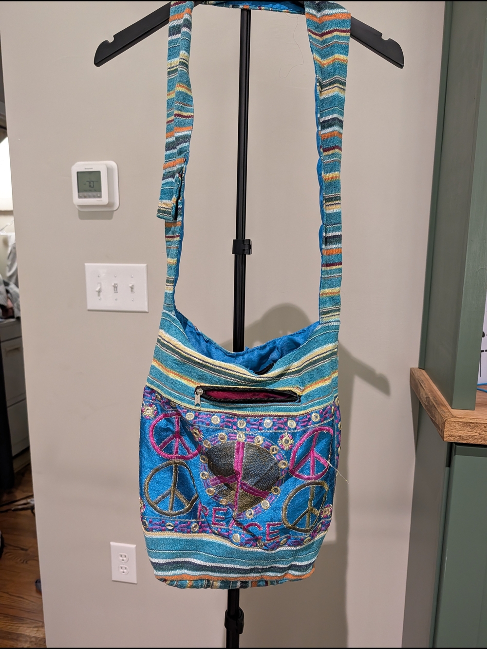 Boho Peace Sign Crossbody Bag in Turquoise Blue